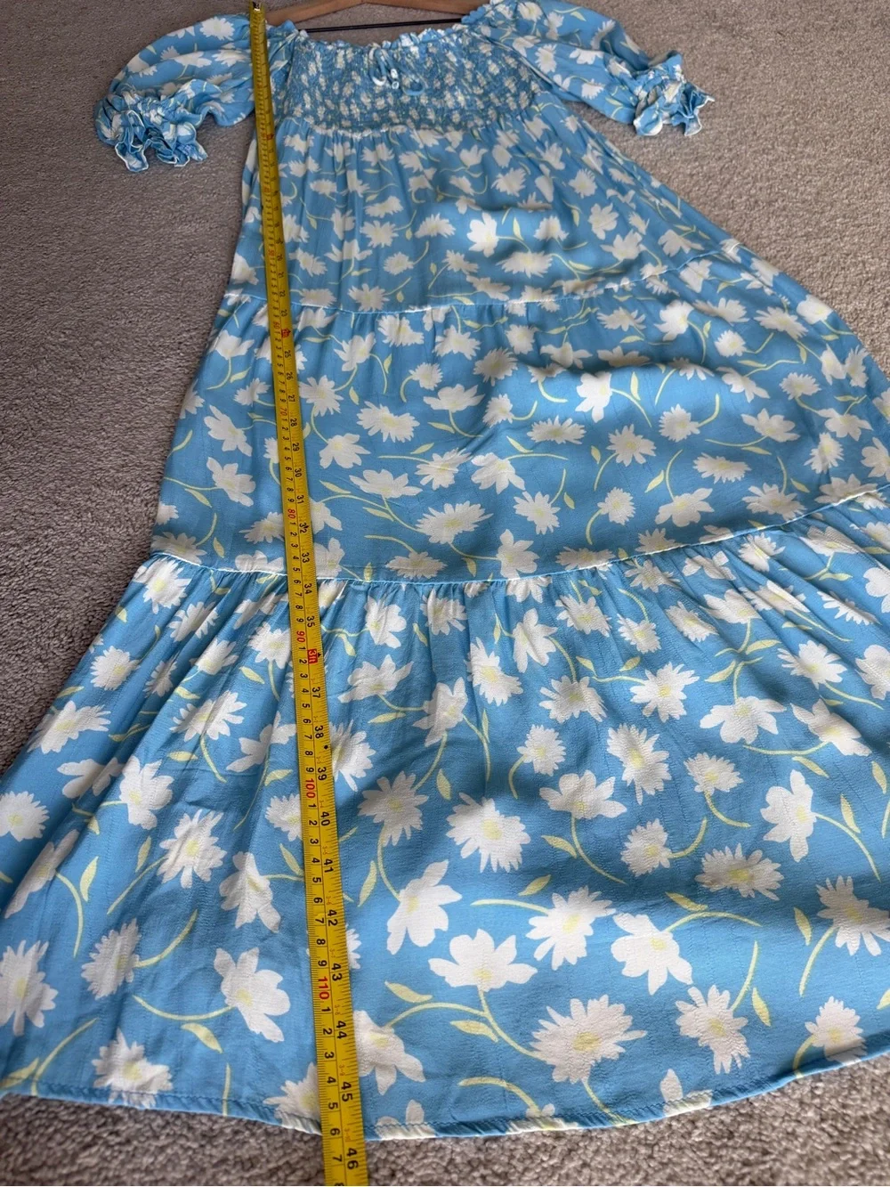 Faithfull The Brand Leyla Smocked Midi Dress Blue Floral Puff Sleeve Size S - Picture 11 of 16